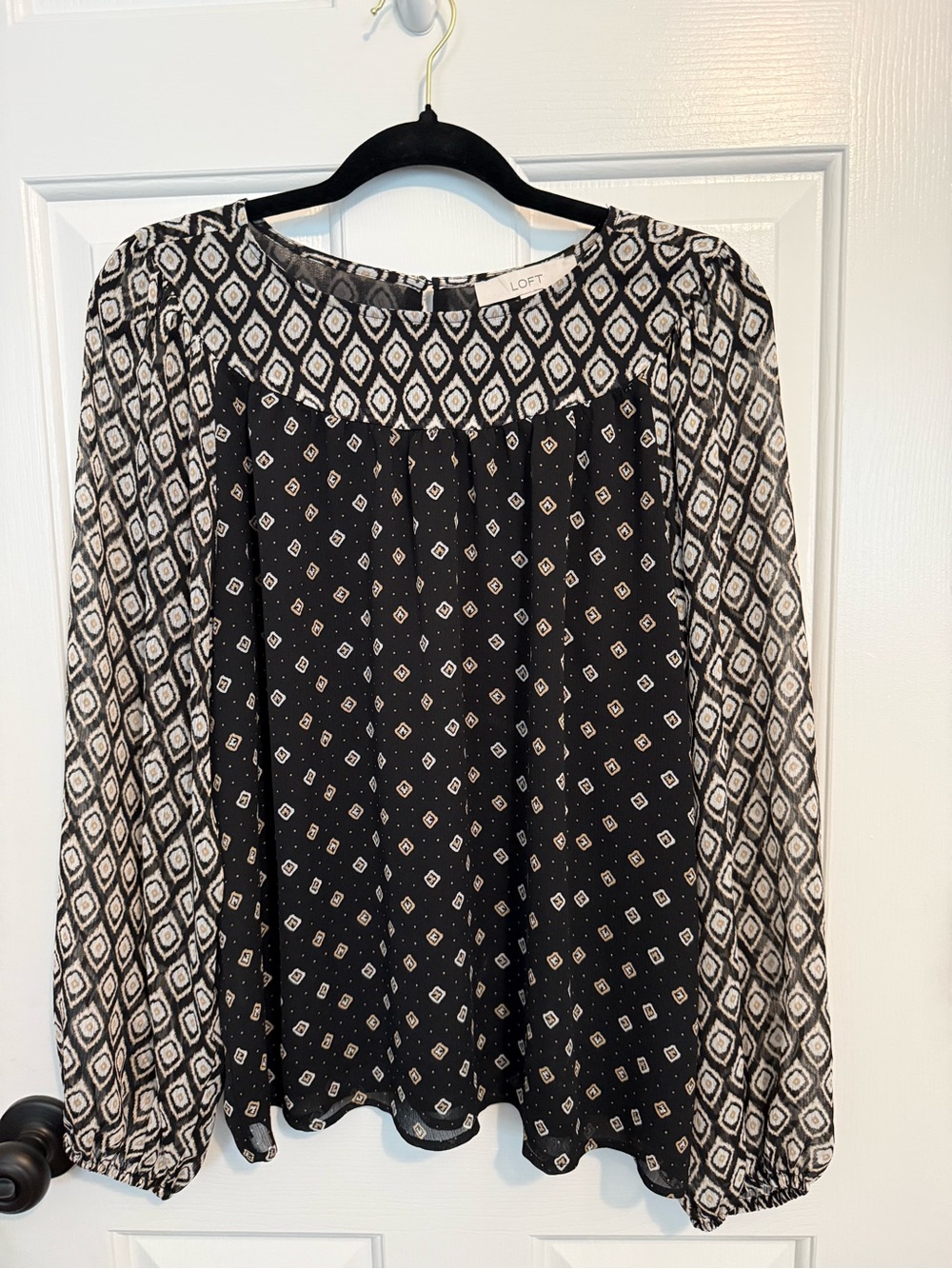 LOFT Black and White Geometric Mixed-Print Long Sleeve Blouse